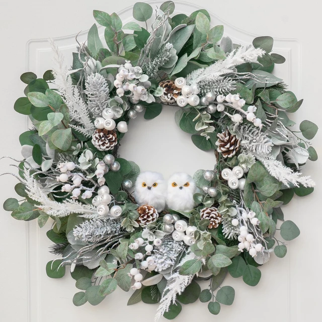 Alt view image 6 of 6 - Winter Wreath for Front Door, 24 Inch Christmas Wreath with Owl Decor, Pine Cones, and Evergreen Greenery, Festive Winter Door Decor, Artificial Holiday Farmhouse Rustic Wreath