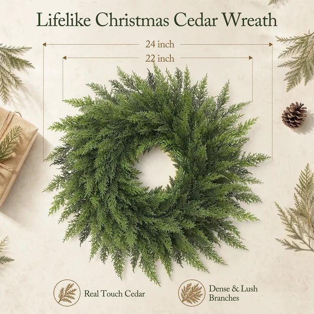 Alt view image 2 of 7 - 24" Christmas Wreaths for Front Door-Cedar Artificial Christmas Door Wreath