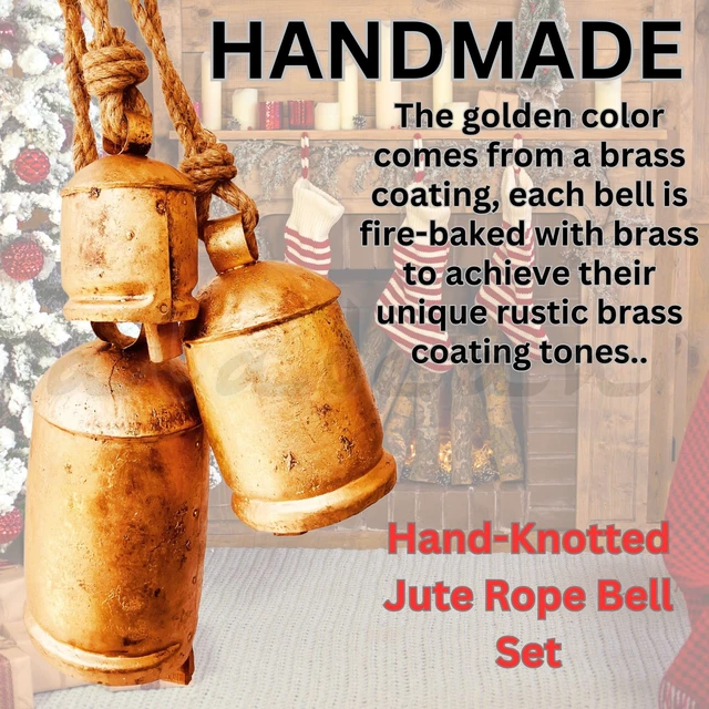 Alt view image 3 of 6 - Decorative Cow Bells Set of 3 Large Harmony Bells - Vintage Giant Christmas Bells, Country Rustic Cowbell on Jute Rope XL Hanging Lucky Golden Bells (4"-6"-8")