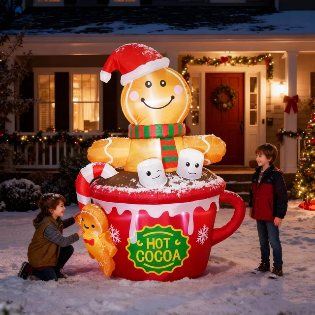 Alt view image 3 of 7 - 6 FT Christmas Inflatables Outdoor Decorations, Cute Christmas Blow Up Yard Decorations Gingerbread Man in Hot Cocoa Mug Scene for Garden Lawn Xmas Decor