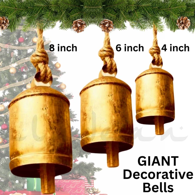 Alt view image 4 of 6 - Decorative Cow Bells Set of 3 Large Harmony Bells - Vintage Giant Christmas Bells, Country Rustic Cowbell on Jute Rope XL Hanging Lucky Golden Bells (4"-6"-8")