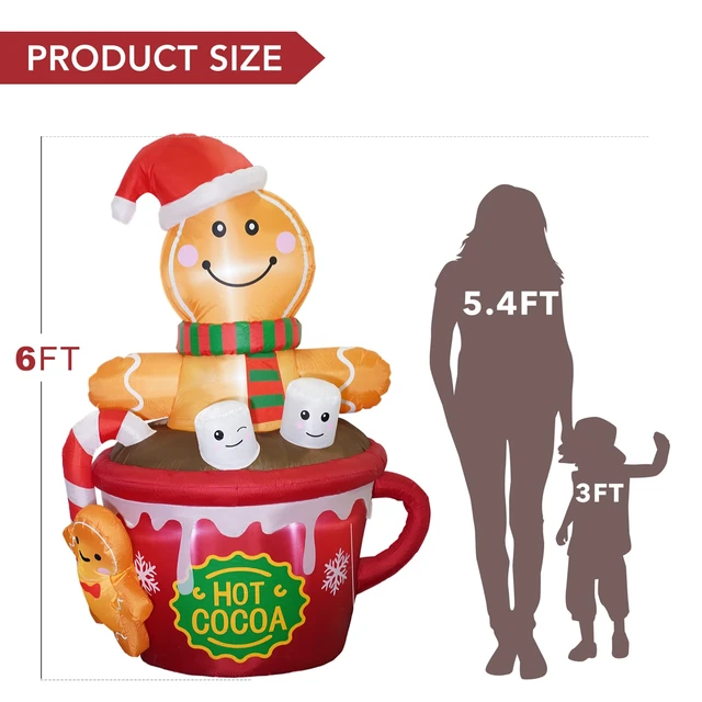 Alt view image 4 of 7 - 6 FT Christmas Inflatables Outdoor Decorations, Cute Christmas Blow Up Yard Decorations Gingerbread Man in Hot Cocoa Mug Scene for Garden Lawn Xmas Decor