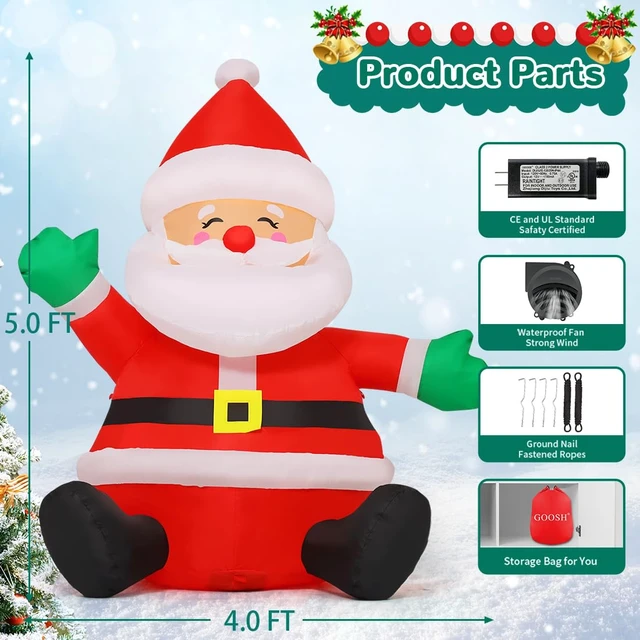 Alt view image 6 of 6 - 5 FT Christmas Inflatables Santa Claus Outdoor Decorations Blow Up Yard Sitting Santa Claus with Built-in LEDs for Holiday Xmas Garden Lawn Decor