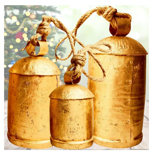 Alt view image 6 of 6 - Decorative Cow Bells Set of 3 Large Harmony Bells - Vintage Giant Christmas Bells, Country Rustic Cowbell on Jute Rope XL Hanging Lucky Golden Bells (4"-6"-8")