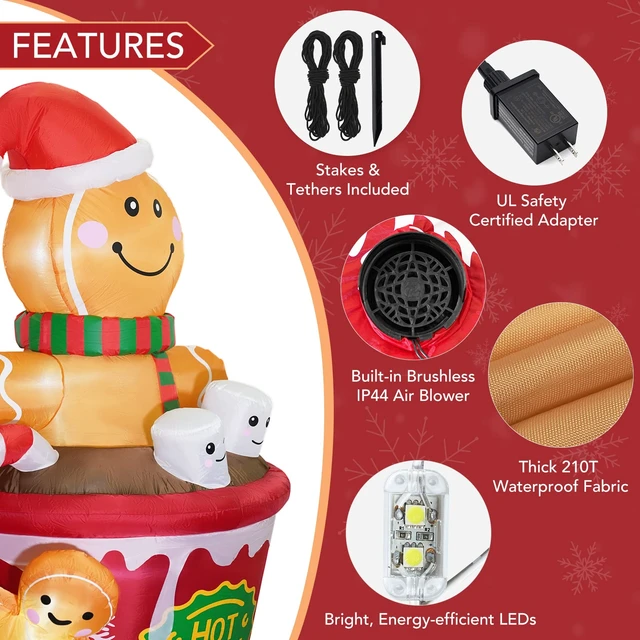 Alt view image 7 of 7 - 6 FT Christmas Inflatables Outdoor Decorations, Cute Christmas Blow Up Yard Decorations Gingerbread Man in Hot Cocoa Mug Scene for Garden Lawn Xmas Decor