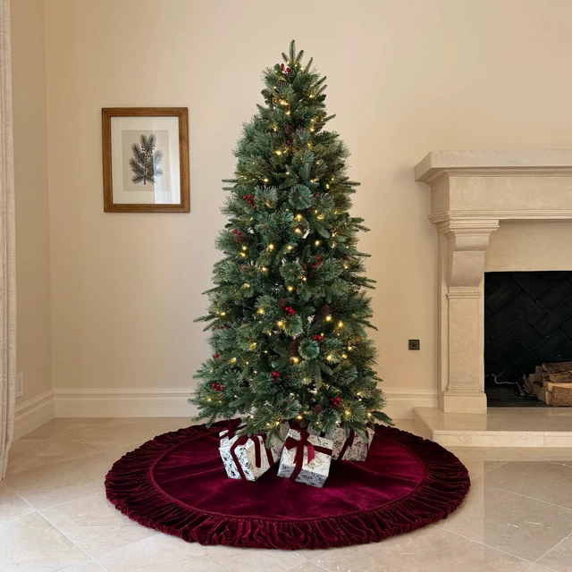 Alt view image 2 of 7 - 60-Inch Ruffled Velvet Christmas Tree Skirt, Burgundy
Fits 6 to 7.5 Ft Trees, Thick Foam Padding, Nylon Backing, Lace-Up Tie Closure, Gift Box Packaging