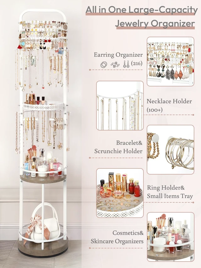 Alt view image 2 of 7 - Jewelry Holder Organizer, Floor Jewelry Organizer with Earring Organizer Necklace Holder, Rotating Jewelry Stand Necklace Display Earring Storage, Large Hanging Jewelry Tree for Jewlery Bracelet Ring