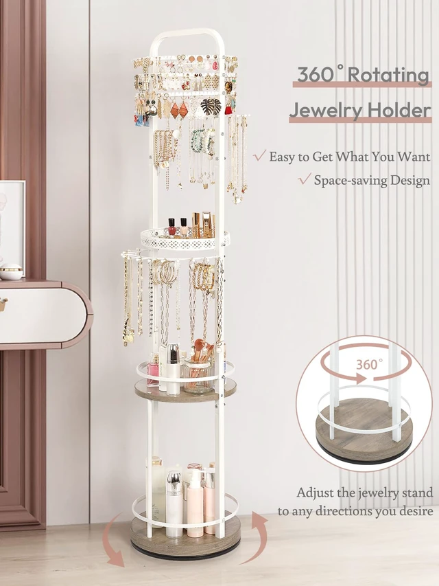 Alt view image 3 of 7 - Jewelry Holder Organizer, Floor Jewelry Organizer with Earring Organizer Necklace Holder, Rotating Jewelry Stand Necklace Display Earring Storage, Large Hanging Jewelry Tree for Jewlery Bracelet Ring