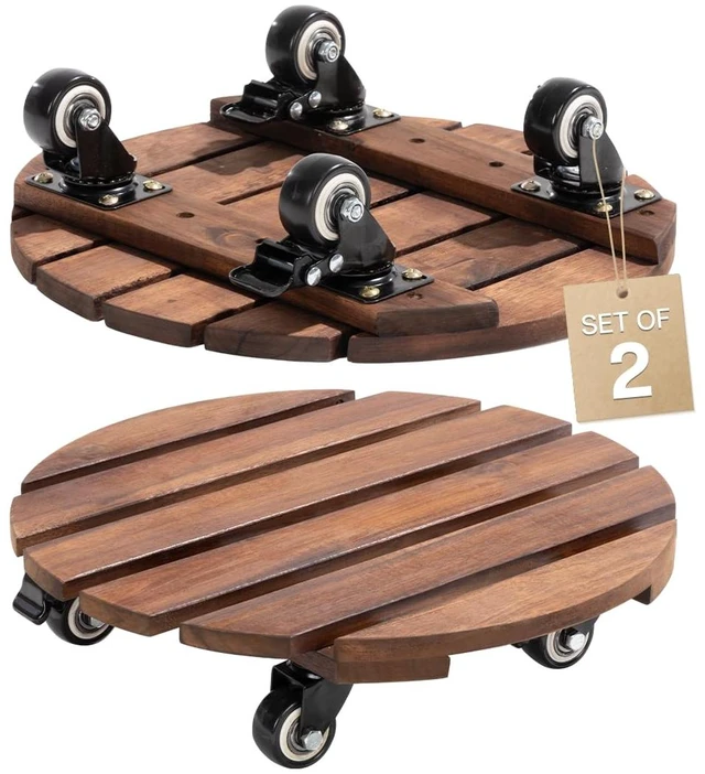 Main image of 2-Pack 14 Inch Acacia Wood Plant Caddy with Wheels Heavy-Duty Plant Dolly with 264 Lbs Capacity, 360° Lockable Wheels for Large Plant Pots, Heavy Objects, Ideal for Indoor and Outdoor Use