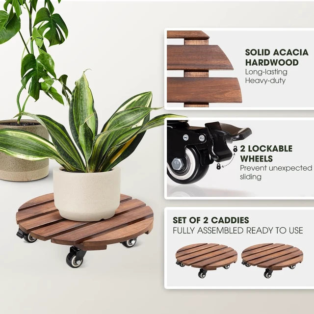 Alt view image 2 of 6 - 2-Pack 14 Inch Acacia Wood Plant Caddy with Wheels Heavy-Duty Plant Dolly with 264 Lbs Capacity, 360° Lockable Wheels for Large Plant Pots, Heavy Objects, Ideal for Indoor and Outdoor Use