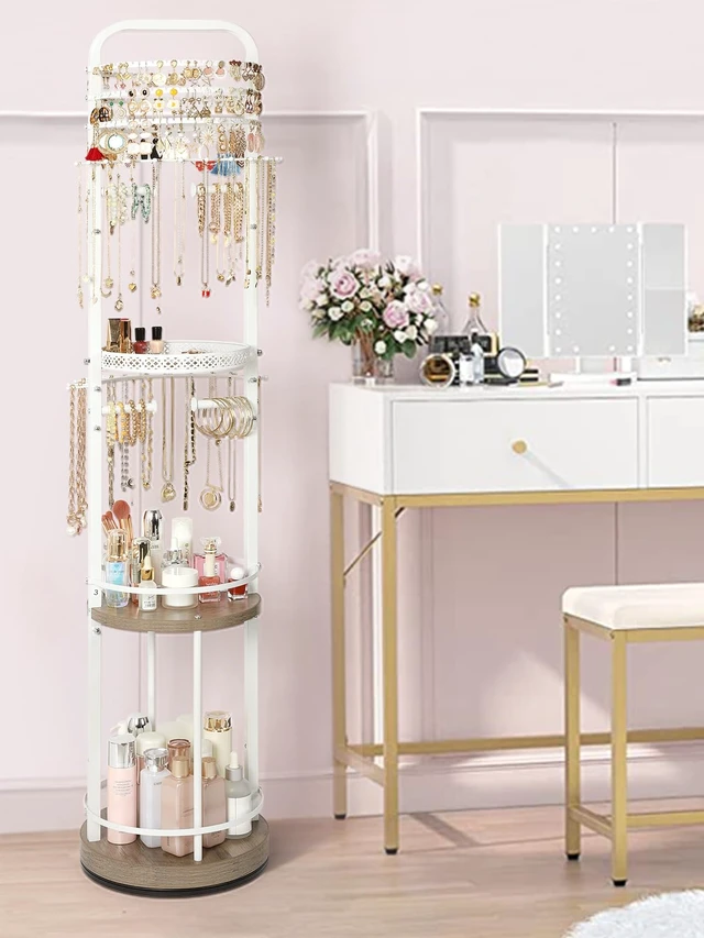 Alt view image 6 of 7 - Jewelry Holder Organizer, Floor Jewelry Organizer with Earring Organizer Necklace Holder, Rotating Jewelry Stand Necklace Display Earring Storage, Large Hanging Jewelry Tree for Jewlery Bracelet Ring