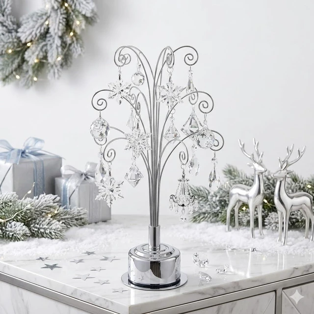 Alt view image 2 of 7 - Rotating Ornament Display Tree Stand 15 Hook Silver Metal Hanger
