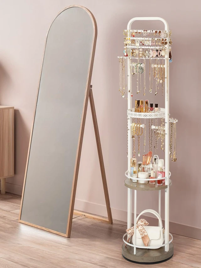 Alt view image 7 of 7 - Jewelry Holder Organizer, Floor Jewelry Organizer with Earring Organizer Necklace Holder, Rotating Jewelry Stand Necklace Display Earring Storage, Large Hanging Jewelry Tree for Jewlery Bracelet Ring