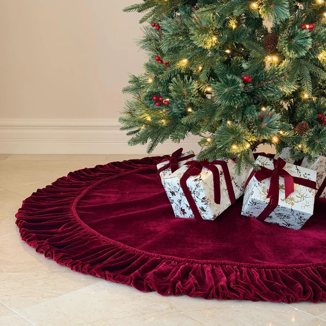Alt view image 7 of 7 - 60-Inch Ruffled Velvet Christmas Tree Skirt, Burgundy
Fits 6 to 7.5 Ft Trees, Thick Foam Padding, Nylon Backing, Lace-Up Tie Closure, Gift Box Packaging