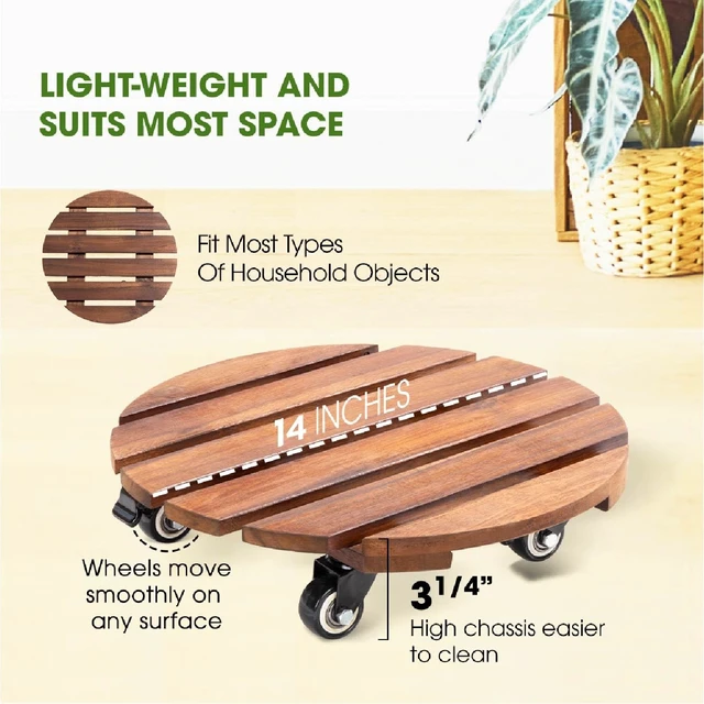 Alt view image 5 of 6 - 2-Pack 14 Inch Acacia Wood Plant Caddy with Wheels Heavy-Duty Plant Dolly with 264 Lbs Capacity, 360° Lockable Wheels for Large Plant Pots, Heavy Objects, Ideal for Indoor and Outdoor Use