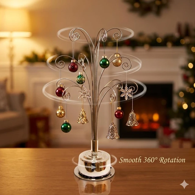 Alt view image 4 of 7 - Rotating Ornament Display Tree Stand 15 Hook Silver Metal Hanger