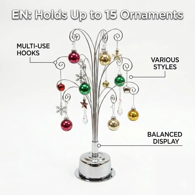 Alt view image 5 of 7 - Rotating Ornament Display Tree Stand 15 Hook Silver Metal Hanger