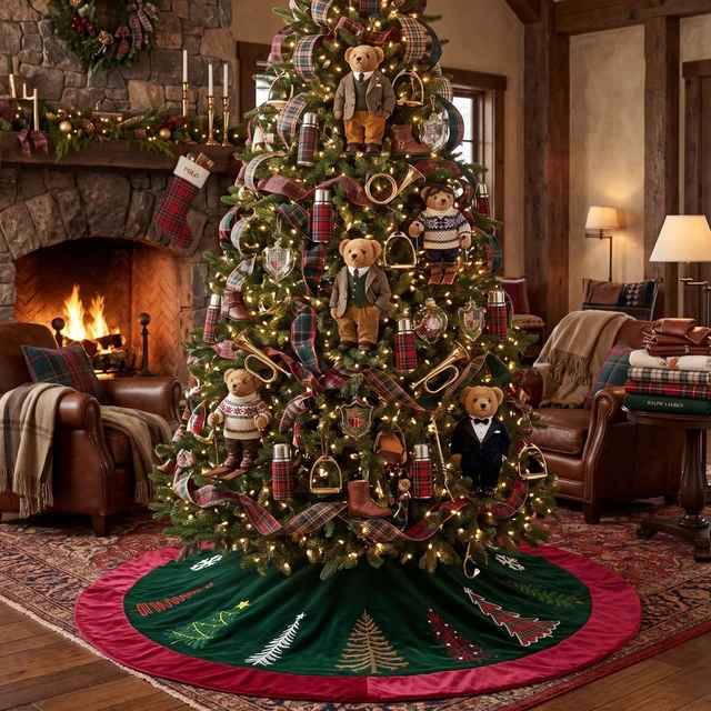 Main image of 72 Inch Green Velvet Christmas Tree Skirt with Burgundy Trim