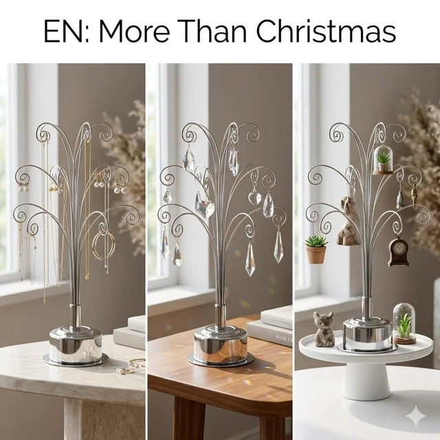Alt view image 6 of 7 - Rotating Ornament Display Tree Stand 15 Hook Silver Metal Hanger