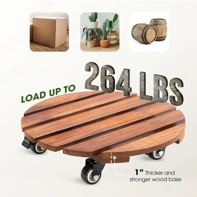 Alt view image 6 of 6 - 2-Pack 14 Inch Acacia Wood Plant Caddy with Wheels Heavy-Duty Plant Dolly with 264 Lbs Capacity, 360° Lockable Wheels for Large Plant Pots, Heavy Objects, Ideal for Indoor and Outdoor Use