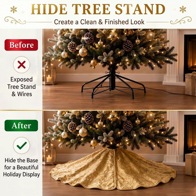 Alt view image 3 of 7 - Velvet Christmas Tree Skirt Decor, 60 Inches, Scalloped Edge, Gold
Luxury Xmas Skirts for Merry Christmas Tree Decoration, Soft Vintage Covers Base for Indoor Outdoor Home Holiday Party Decor