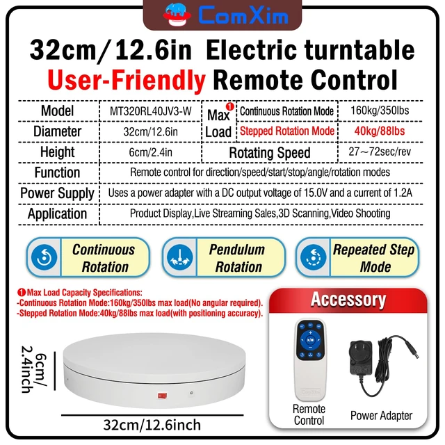 Alt view image 2 of 7 - 12.6Inch/350lbs Capacity Large Rotating Platform,Remote Rotating Display Stand ,Electric Motorized Turntable,Photography Turntable,Heavy Duty Rotating Platform for Photography,3D Scanner,Exhibition