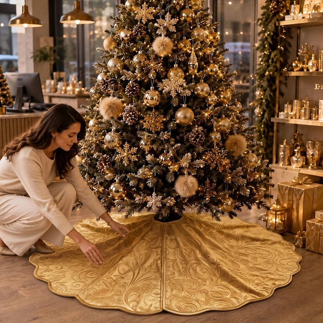 Alt view image 4 of 7 - Velvet Christmas Tree Skirt Decor, 60 Inches, Scalloped Edge, Gold
Luxury Xmas Skirts for Merry Christmas Tree Decoration, Soft Vintage Covers Base for Indoor Outdoor Home Holiday Party Decor