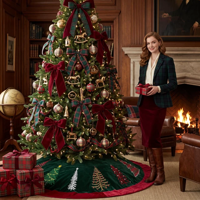 Alt view image 3 of 7 - 72 Inch Green Velvet Christmas Tree Skirt with Burgundy Trim