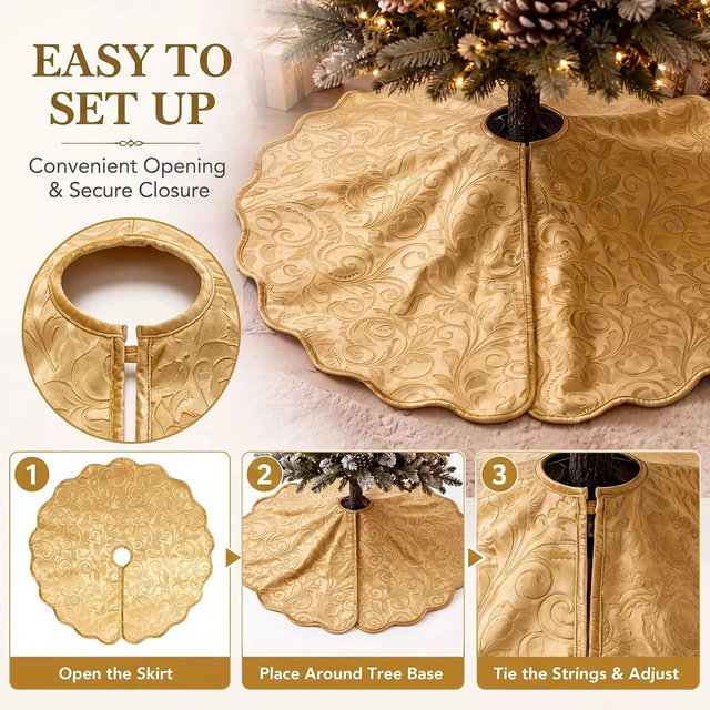 Alt view image 5 of 7 - Velvet Christmas Tree Skirt Decor, 60 Inches, Scalloped Edge, Gold
Luxury Xmas Skirts for Merry Christmas Tree Decoration, Soft Vintage Covers Base for Indoor Outdoor Home Holiday Party Decor
