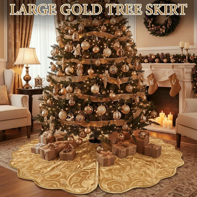 Alt view image 6 of 7 - Velvet Christmas Tree Skirt Decor, 60 Inches, Scalloped Edge, Gold
Luxury Xmas Skirts for Merry Christmas Tree Decoration, Soft Vintage Covers Base for Indoor Outdoor Home Holiday Party Decor