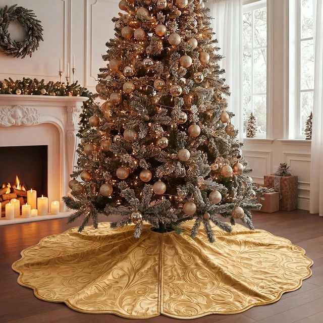 Alt view image 7 of 7 - Velvet Christmas Tree Skirt Decor, 60 Inches, Scalloped Edge, Gold
Luxury Xmas Skirts for Merry Christmas Tree Decoration, Soft Vintage Covers Base for Indoor Outdoor Home Holiday Party Decor