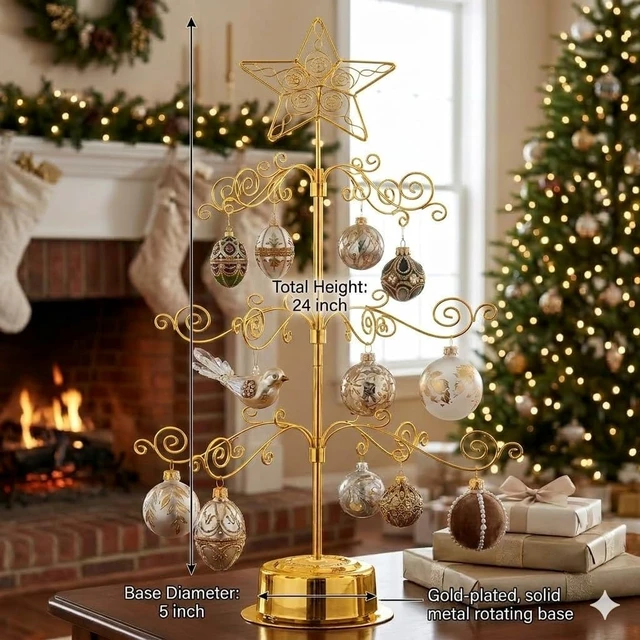 Alt view image 2 of 7 - 24" Rotating Ornament Tree Display Stand Metal Christmas Tree Gold