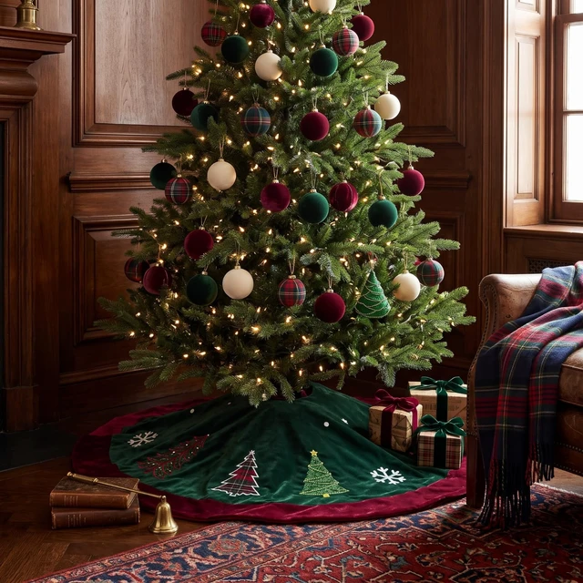 Alt view image 5 of 7 - 72 Inch Green Velvet Christmas Tree Skirt with Burgundy Trim
