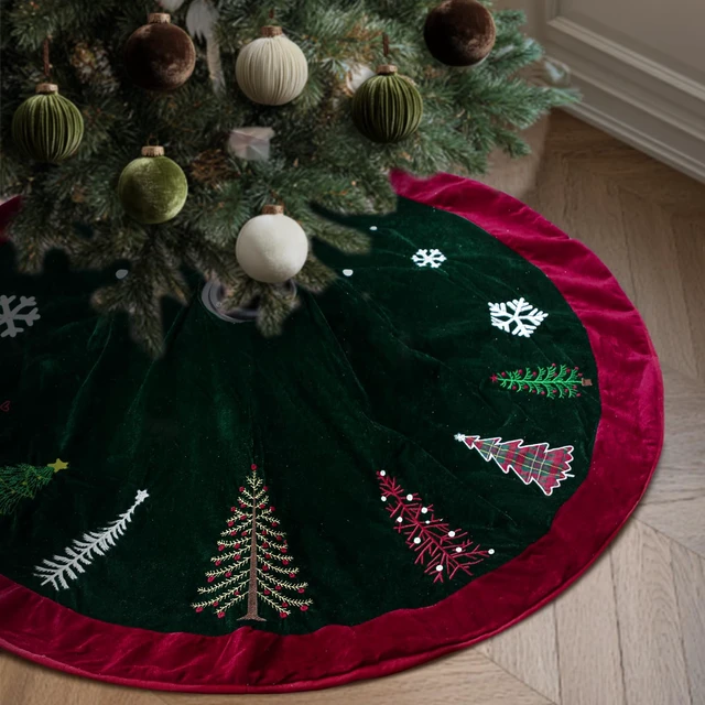 Alt view image 6 of 7 - 72 Inch Green Velvet Christmas Tree Skirt with Burgundy Trim