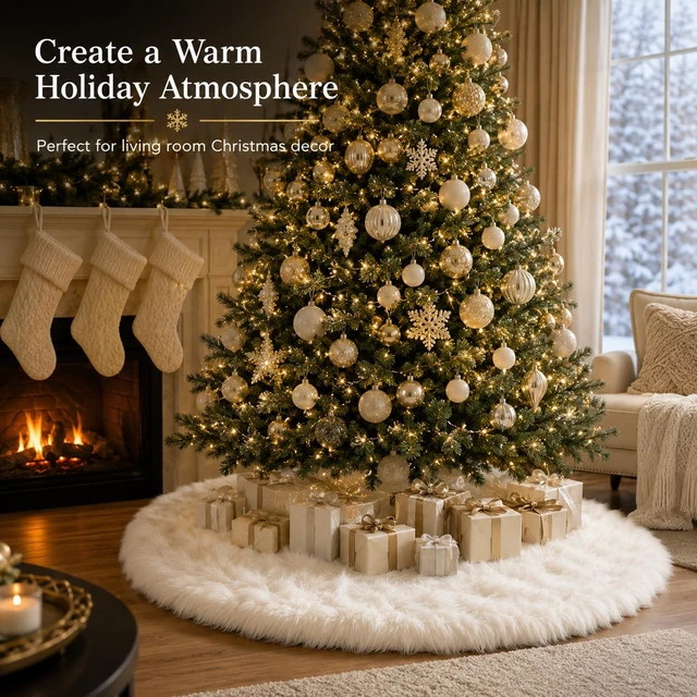 Alt view image 3 of 7 - 72 Inch Faux Fur Christmas Tree Skirt White Plush Skirt for Merry Christmas Party Christmas Tree Decoration