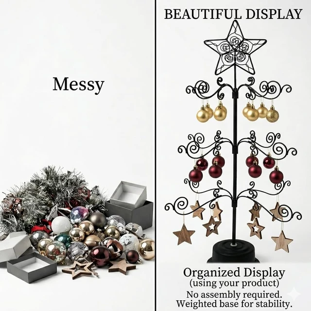 Alt view image 6 of 7 - 24" Rotating Ornament Tree Display Stand Metal Christmas Tree Black