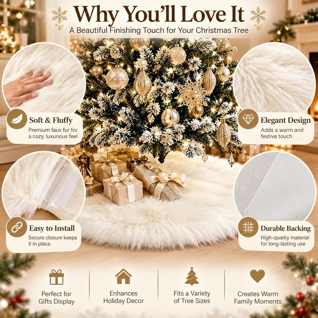 Alt view image 6 of 7 - 72 Inch Faux Fur Christmas Tree Skirt White Plush Skirt for Merry Christmas Party Christmas Tree Decoration