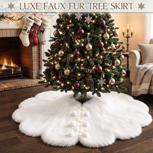 Alt view image 2 of 5 - 60 Inch Christmas Tree Skirt, White Faux Fur Tree Skirt with Pom-Pom Tie Closure, Elegant Xmas Tree Decorations for Holiday Home Decor