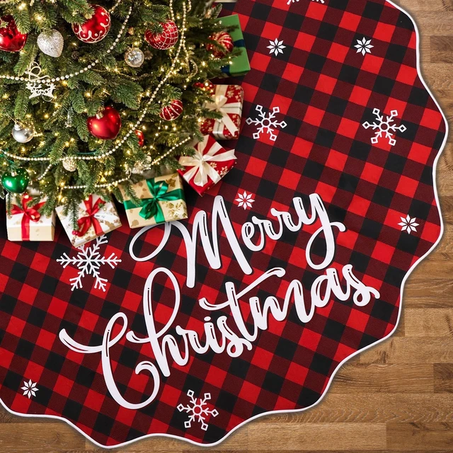 Main image of 72 Inch Christmas Tree Skirt, Buffalo Plaid Tree Skirt for 7.5 ft Tree to 12ft Tree, Double Sided Burlap Tree Skirt Snowflake Xmas Tree Skirts for Winter Rustic Boho Farmhouse Tree Decor