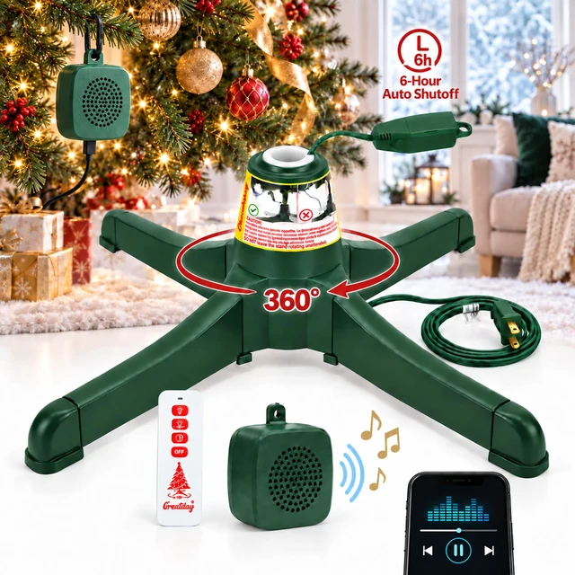 Alt view image 2 of 7 - Musical Rotating Christmas Tree Stand with Remote Control, Bluetooth Speaker, 10 Songs, 360° Rotation, Fits 0.75, 0.87, 1.0, 1.26 in Trunks, Up to 7.5 ft/80 lb
