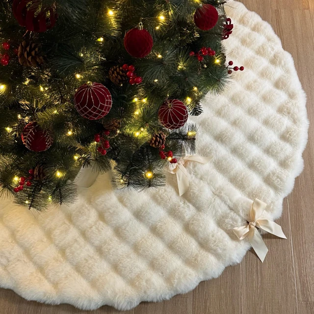 Alt view image 4 of 7 - 60-Inch Puff Quilt Plush Faux Fur Christmas Tree Skirt, Cream
Fits 6 to 7.5 Ft Trees, Shed-Resistant Tufted Pile, Foam Padding, Microfiber Backing, Satin Ribbon Ties, Gift Box Packaging