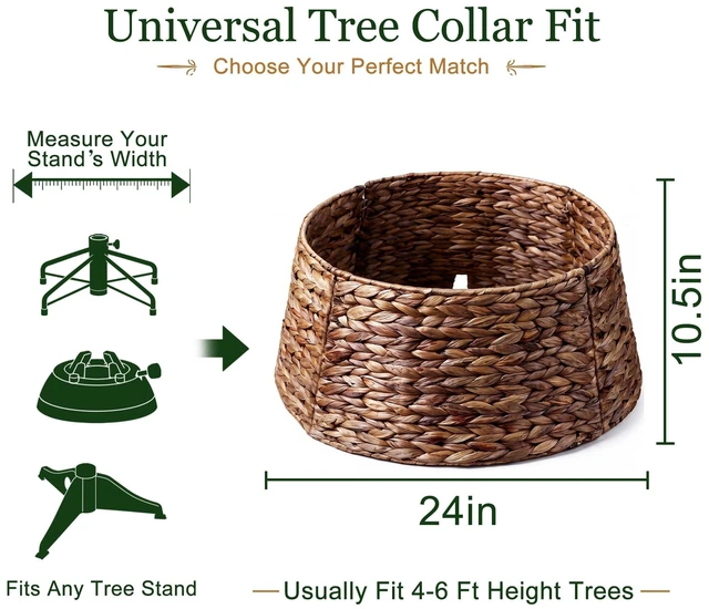 Alt view image 2 of 7 - 24" Rattan Christmas Small Tree Collar for 4-6ft Artificial Trees, Hand-Woven Wicker Tree Skirt Base Cover with Cord, Hyacinth Rustic Farmhouse Decor for Pencil Trees(Brown Wash)