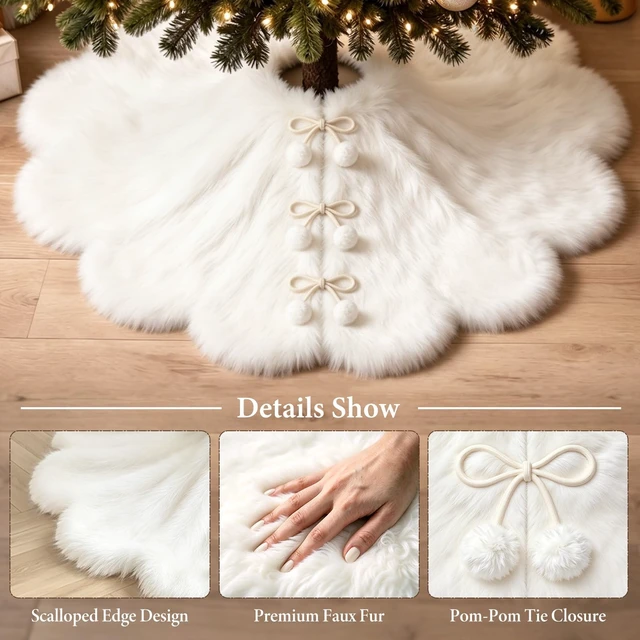 Alt view image 3 of 5 - 60 Inch Christmas Tree Skirt, White Faux Fur Tree Skirt with Pom-Pom Tie Closure, Elegant Xmas Tree Decorations for Holiday Home Decor