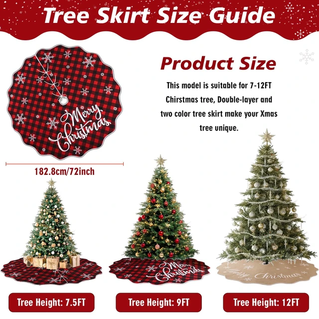 Alt view image 2 of 7 - 72 Inch Christmas Tree Skirt, Buffalo Plaid Tree Skirt for 7.5 ft Tree to 12ft Tree, Double Sided Burlap Tree Skirt Snowflake Xmas Tree Skirts for Winter Rustic Boho Farmhouse Tree Decor