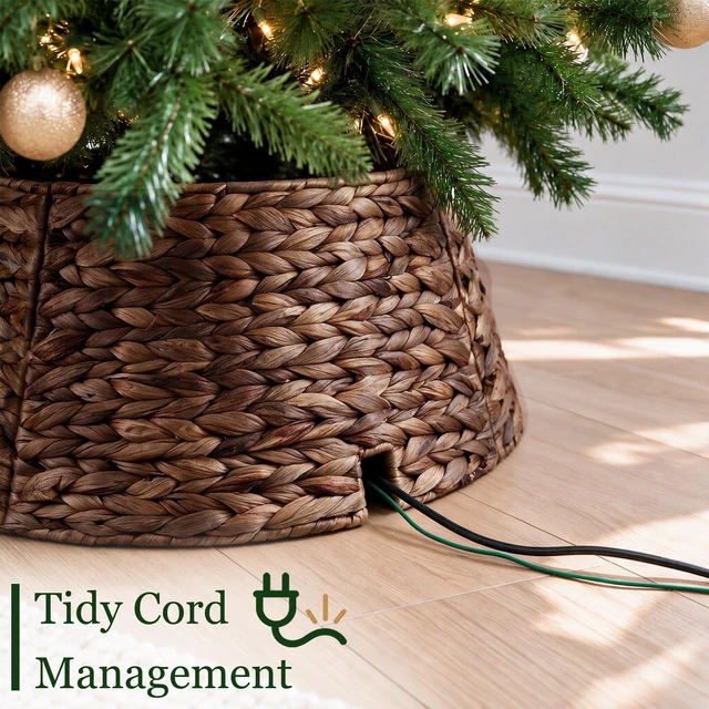 Alt view image 3 of 7 - 24" Rattan Christmas Small Tree Collar for 4-6ft Artificial Trees, Hand-Woven Wicker Tree Skirt Base Cover with Cord, Hyacinth Rustic Farmhouse Decor for Pencil Trees(Brown Wash)