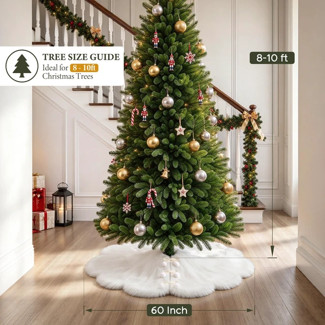 Alt view image 4 of 5 - 60 Inch Christmas Tree Skirt, White Faux Fur Tree Skirt with Pom-Pom Tie Closure, Elegant Xmas Tree Decorations for Holiday Home Decor