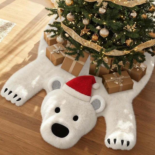 Alt view image 3 of 7 - 48Inch White Faux Fur Polar Bear Christmas Tree Skirt for Xmas Home Decor
