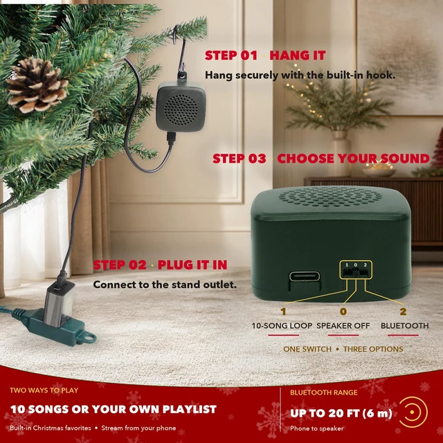 Alt view image 3 of 7 - Musical Rotating Christmas Tree Stand with Remote Control, Bluetooth Speaker, 10 Songs, 360° Rotation, Fits 0.75, 0.87, 1.0, 1.26 in Trunks, Up to 7.5 ft/80 lb