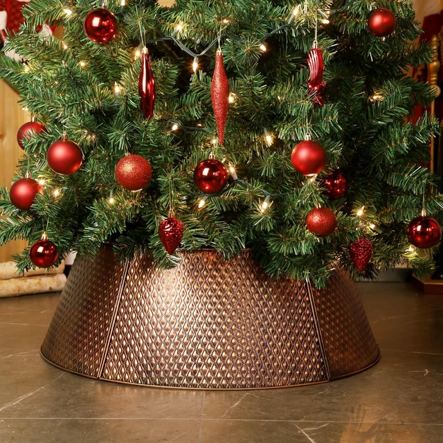 Alt view image 6 of 7 - Metal Christmas Tree Collar, 20.8"/27.5" Inner Diameter Ring, Base Cover for Trees Up to 7.5Ft, Skirt Base Stand Protection from Pets (Bronze)