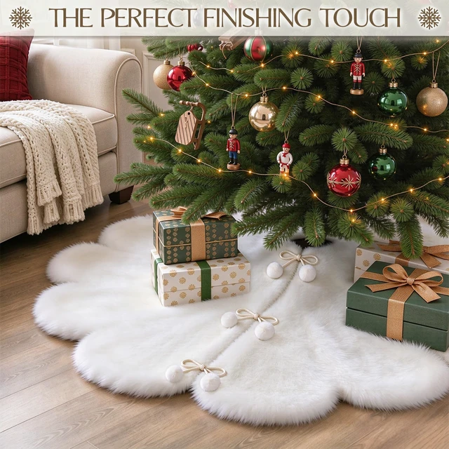 Alt view image 5 of 5 - 60 Inch Christmas Tree Skirt, White Faux Fur Tree Skirt with Pom-Pom Tie Closure, Elegant Xmas Tree Decorations for Holiday Home Decor